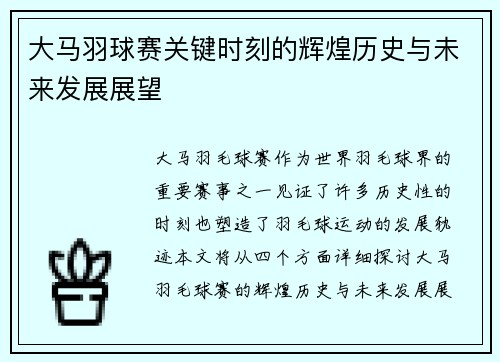大马羽球赛关键时刻的辉煌历史与未来发展展望
