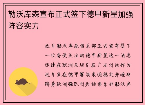 勒沃库森宣布正式签下德甲新星加强阵容实力