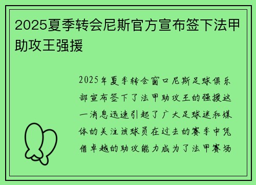 2025夏季转会尼斯官方宣布签下法甲助攻王强援