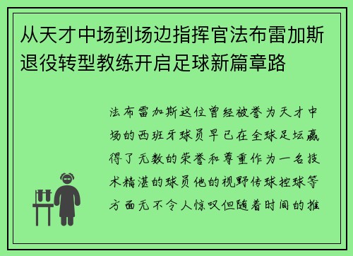 从天才中场到场边指挥官法布雷加斯退役转型教练开启足球新篇章路 从天才中场到场边指挥官法布雷加斯退役转型教练开启足球新篇章路
